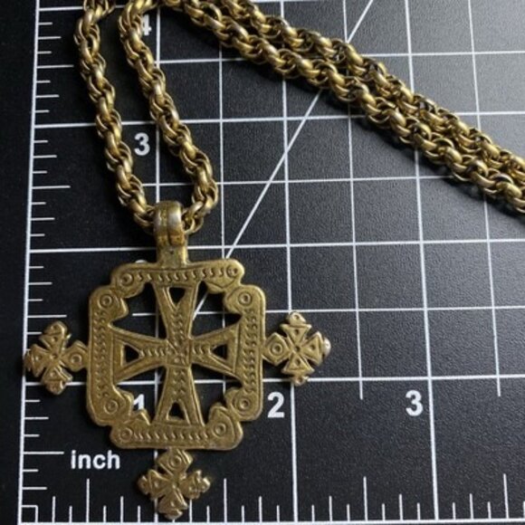 Vintage Ethiopian Coptic Cross Pendant Necklace Reversible Gold Tone 24" - Picture 6 of 9
